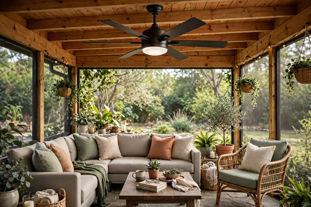 Outdoor ceiling fan mounted over a back porch seating group.