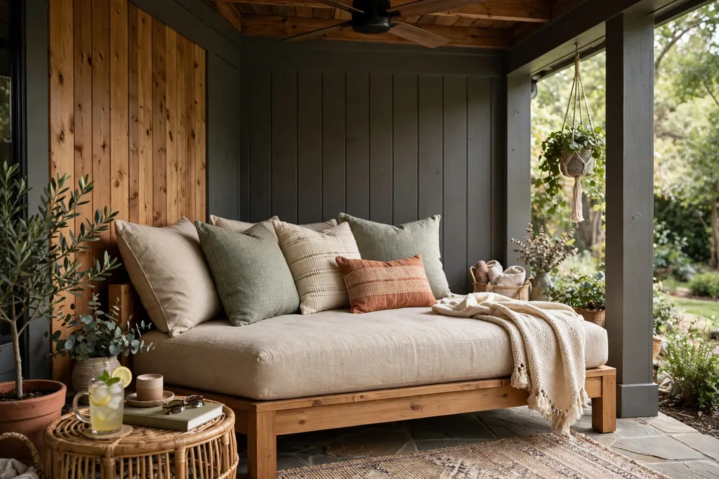 Outdoor daybed with a firm base cushion and back pillows in a shaded back porch corner.