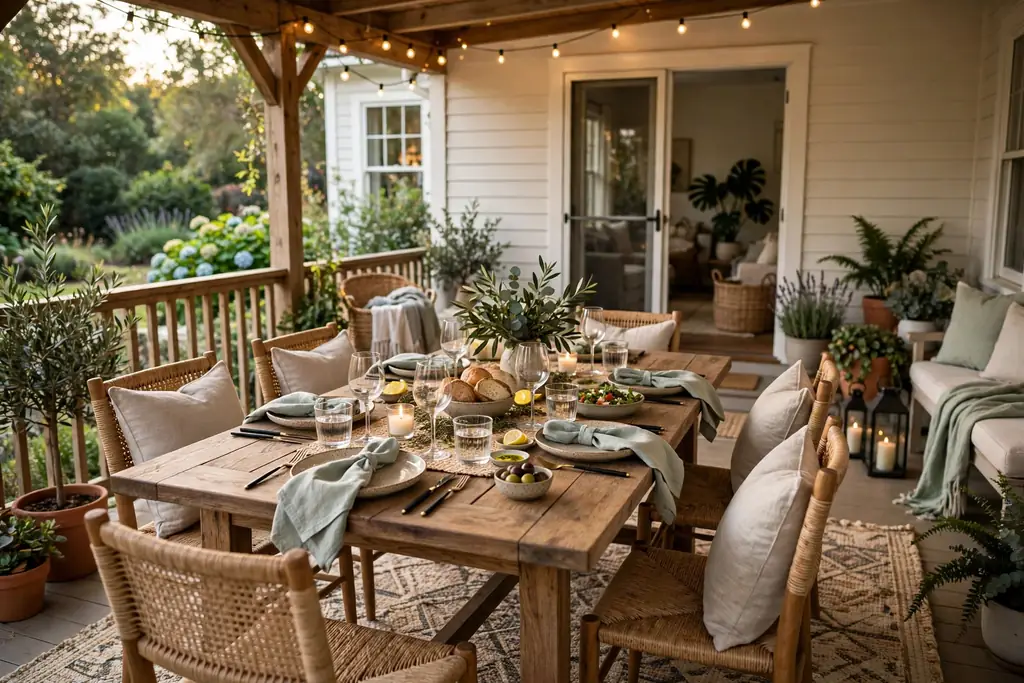 Outdoor dining table with chairs set for a gathering on a back porch.