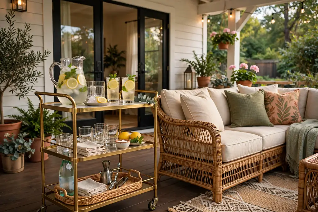 Rolling drink cart with glasses and a pitcher beside back porch seating.
