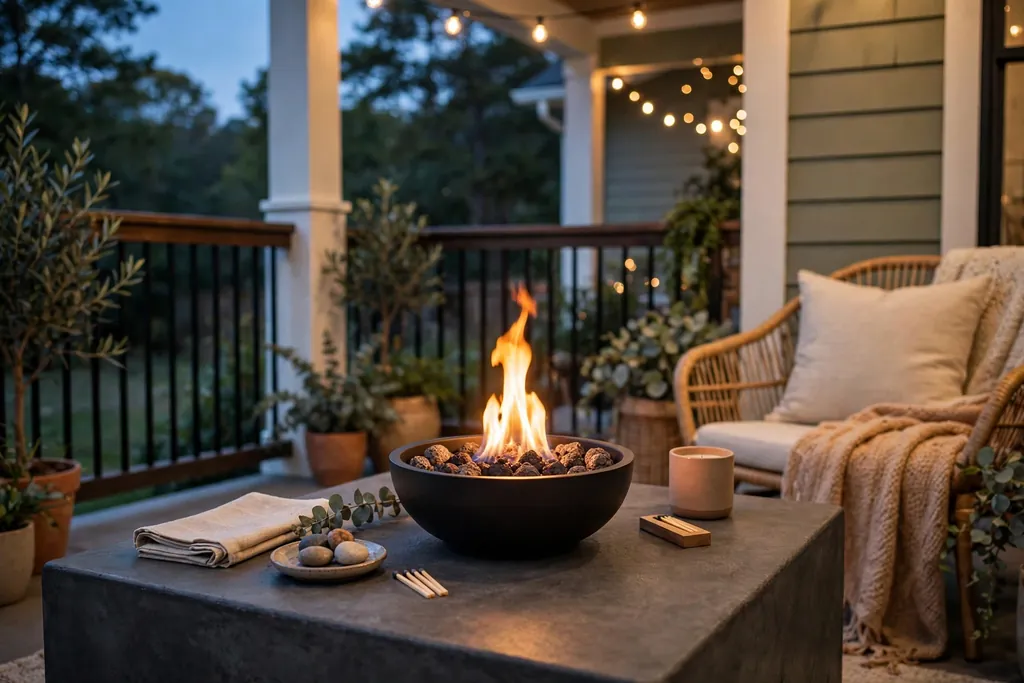 Small tabletop fire bowl with a flame on a heat safe table on a back porch at dusk.