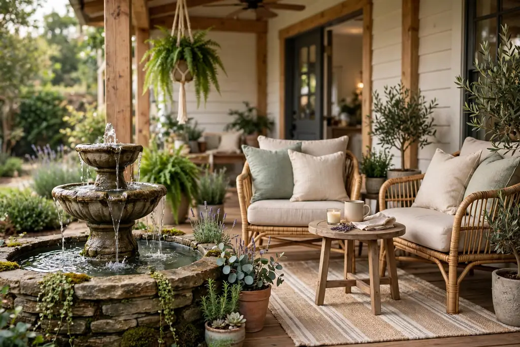 Small fountain with gentle water flow near back porch seating.