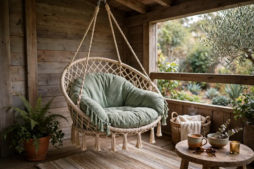 Hammock chair with a cushion hanging in a quiet back porch corner.