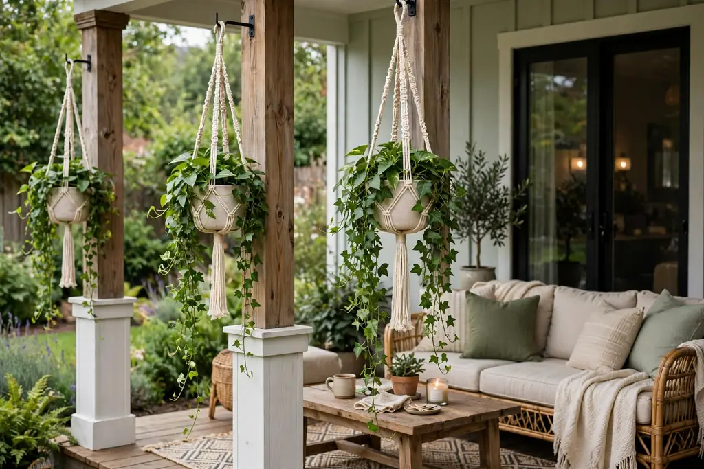 Hanging planters with trailing plants hanging from back porch posts.