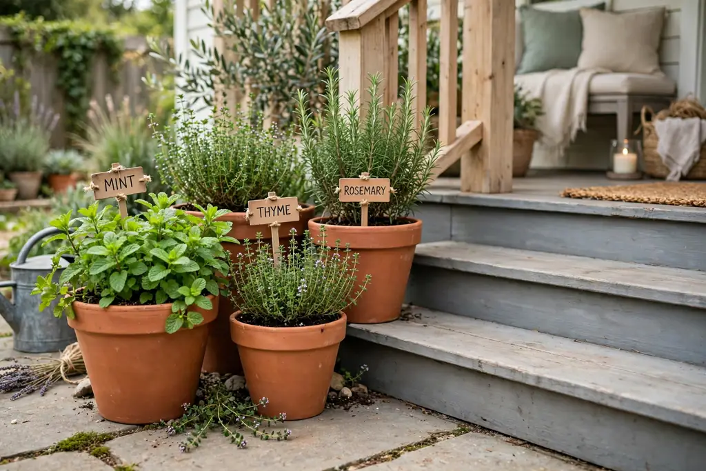 Terracotta herb pots grouped beside back porch steps.