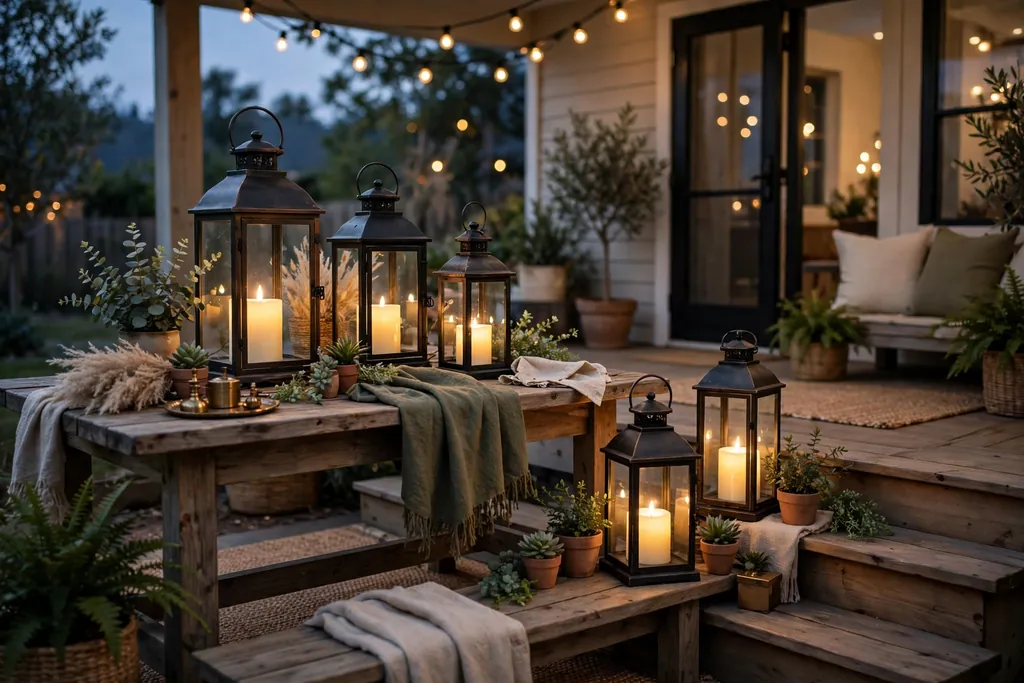 Lanterns with battery candles grouped on a back porch table and steps.