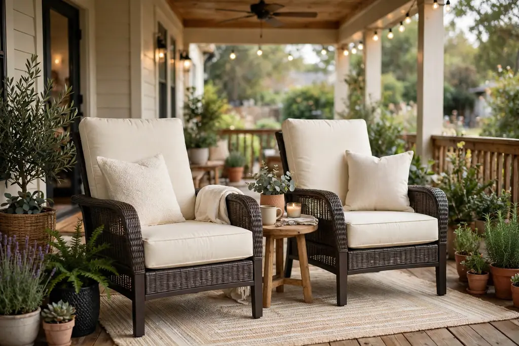 Two deep seated lounge chairs with weatherproof cushions and a small table on a back porch.