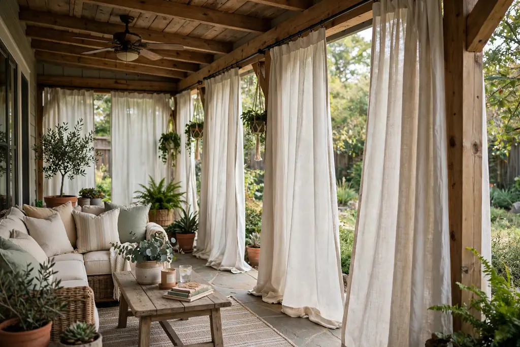 Outdoor curtains in a light color hanging along the open side of a back porch.