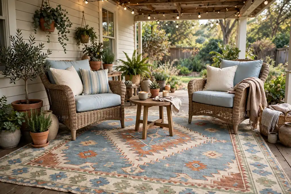 Large patterned outdoor rug under back porch chairs and a small table.