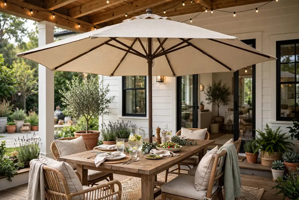 Large patio umbrella shading a back porch dining table and chairs.