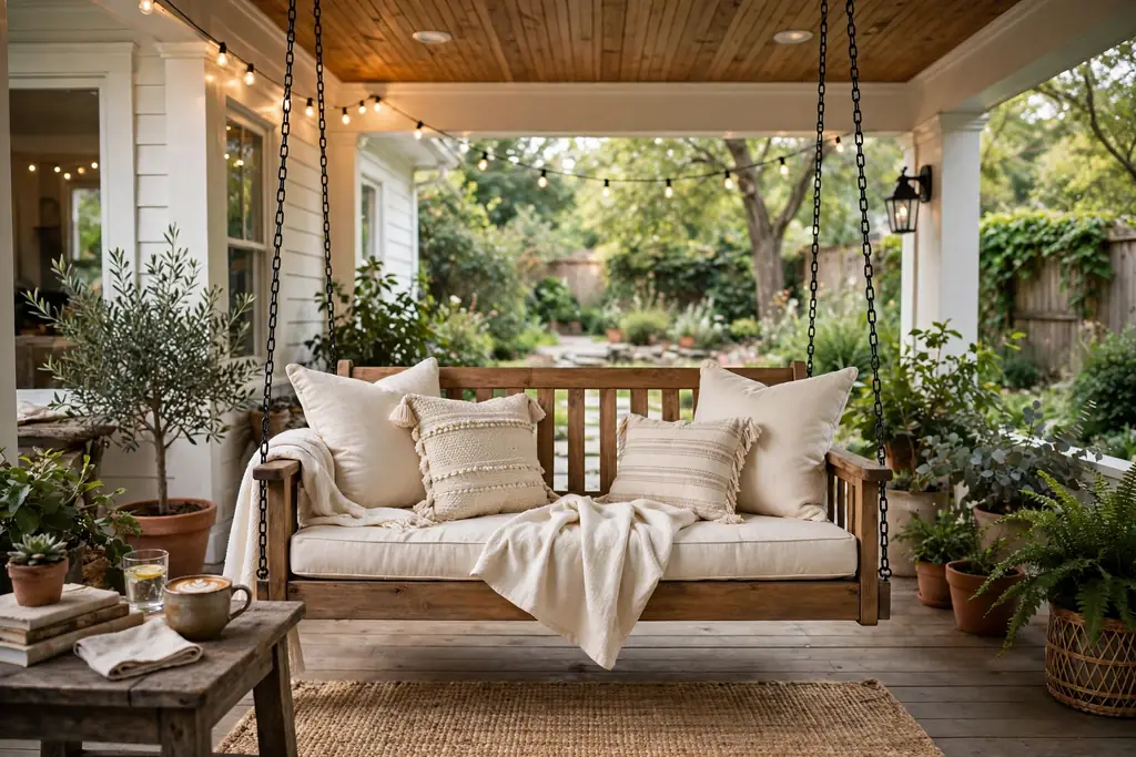 Wooden porch swing with soft cream cushions hanging on a back porch.