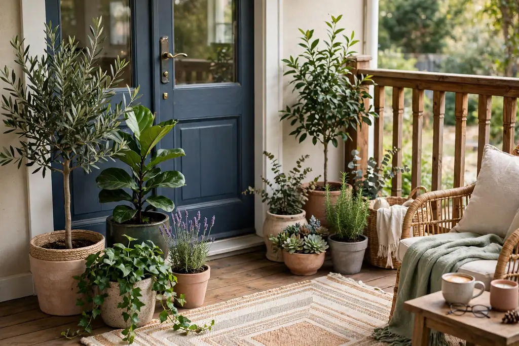 Potted plants in varied heights grouped near a back porch door and railing.
