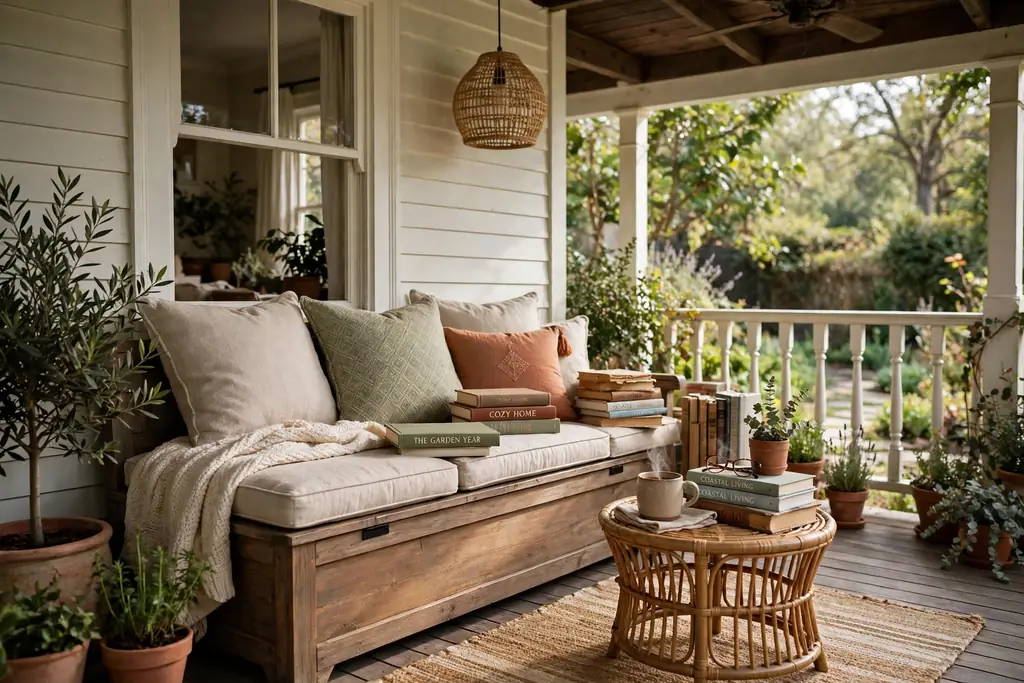 Reading nook with a storage bench, cushions, and books on a back porch.