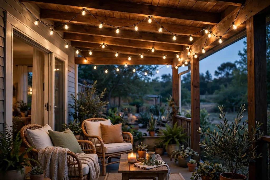 Warm string lights draped across a back porch ceiling at dusk.
