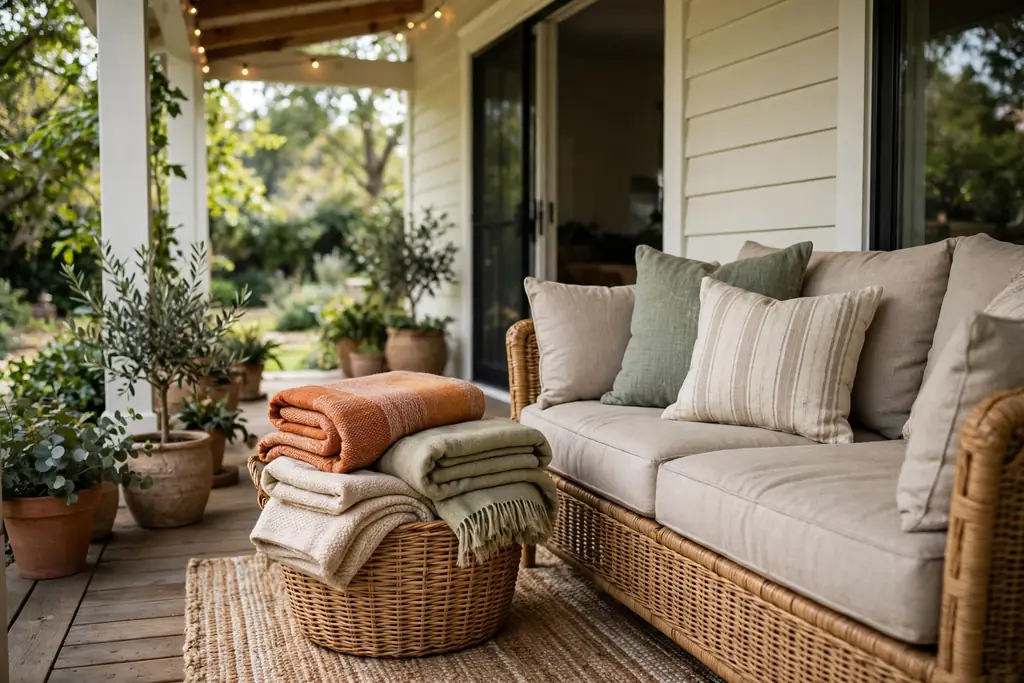 Woven basket with folded throws beside back porch seating.