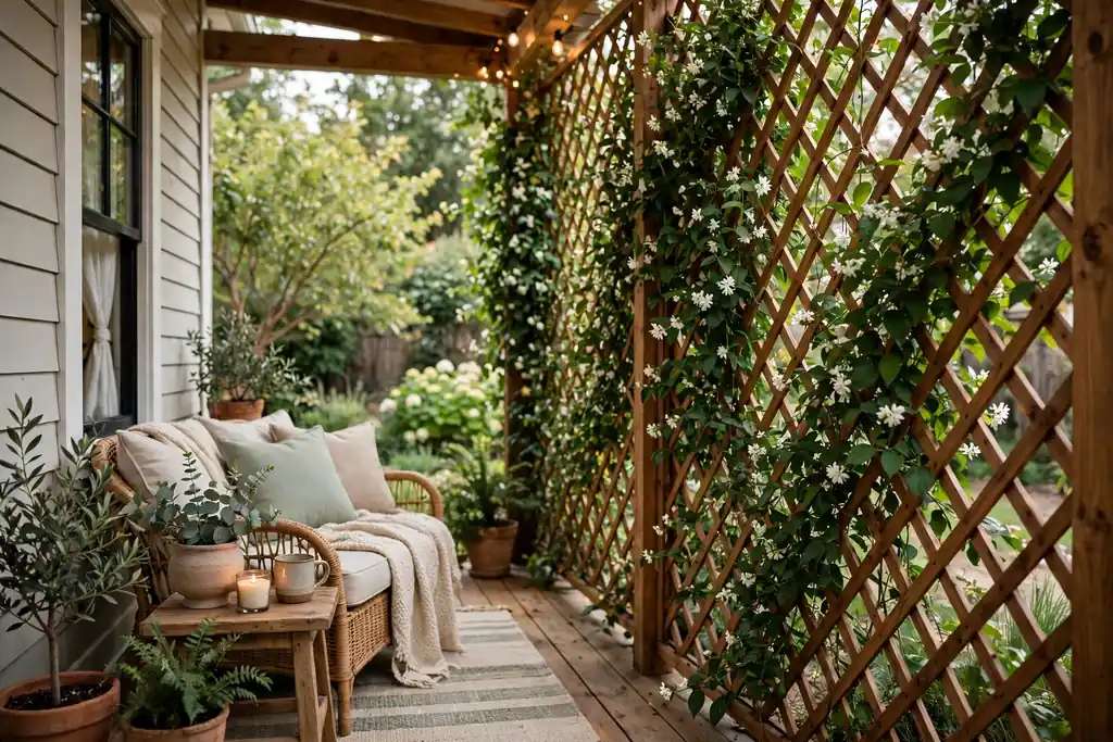 Trellis screen with climbing plants giving privacy on the side of a back porch.