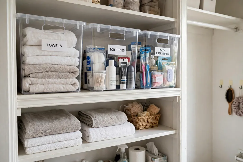 Clear labelled bins on the top shelf of a bathroom closet holding spare towels and toiletries.