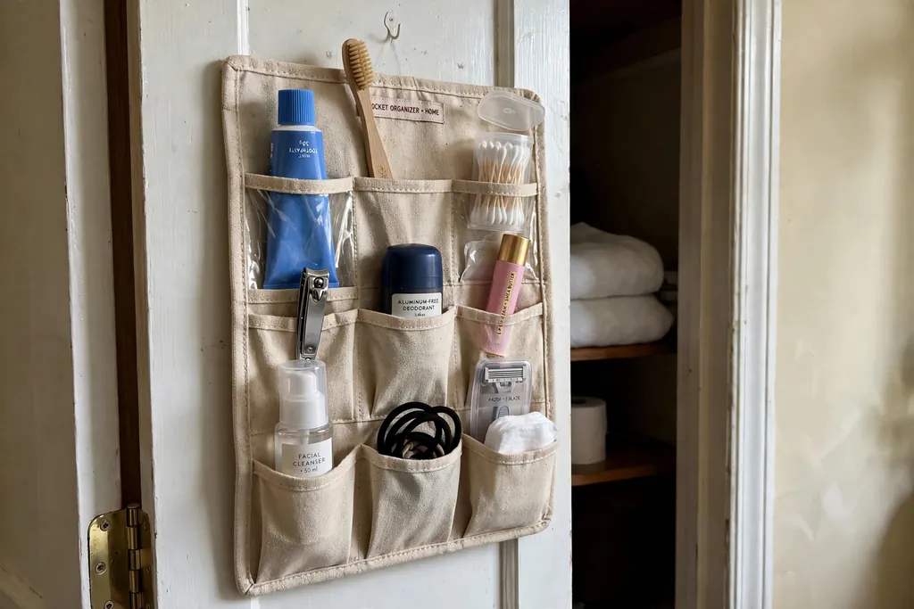 Pocket organizer on the inside of a bathroom closet door holding small toiletries.