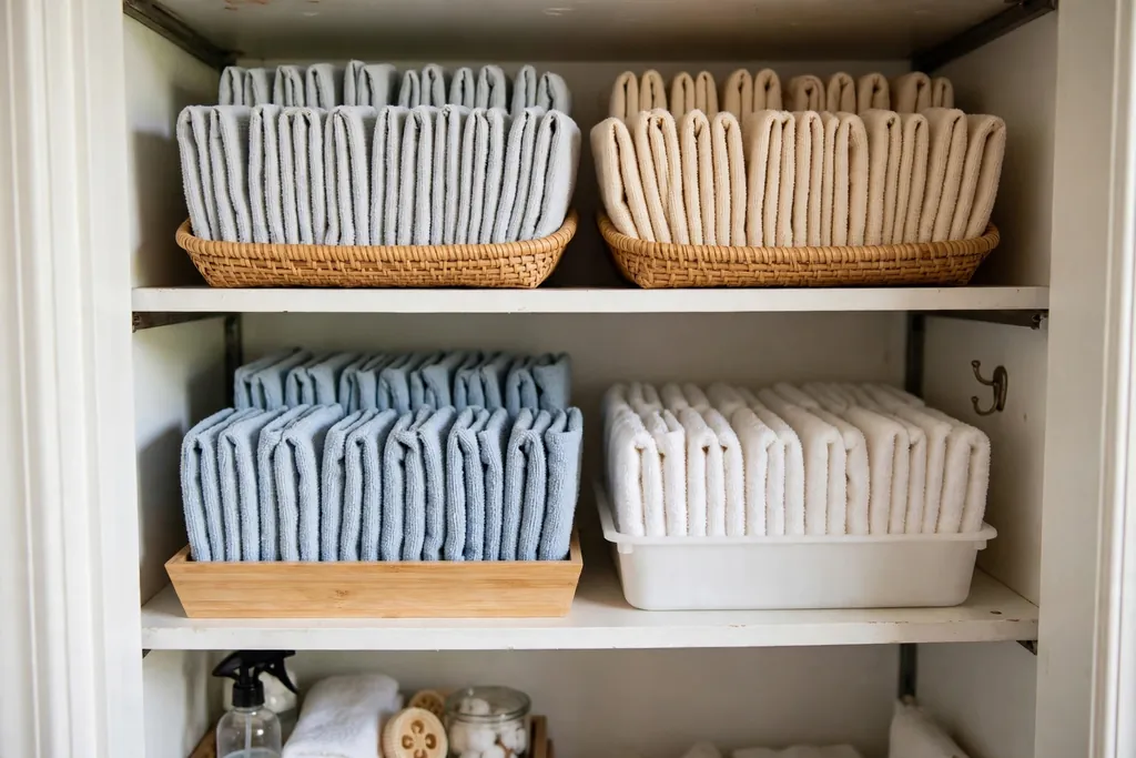 Shallow bins in a bathroom closet with washcloths file-folded upright in rows.