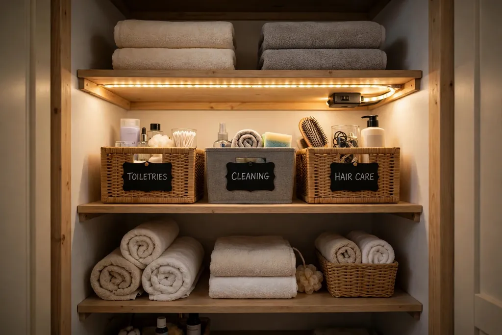 Bathroom closet lit by a warm battery light strip under a shelf, showing labelled bins.
