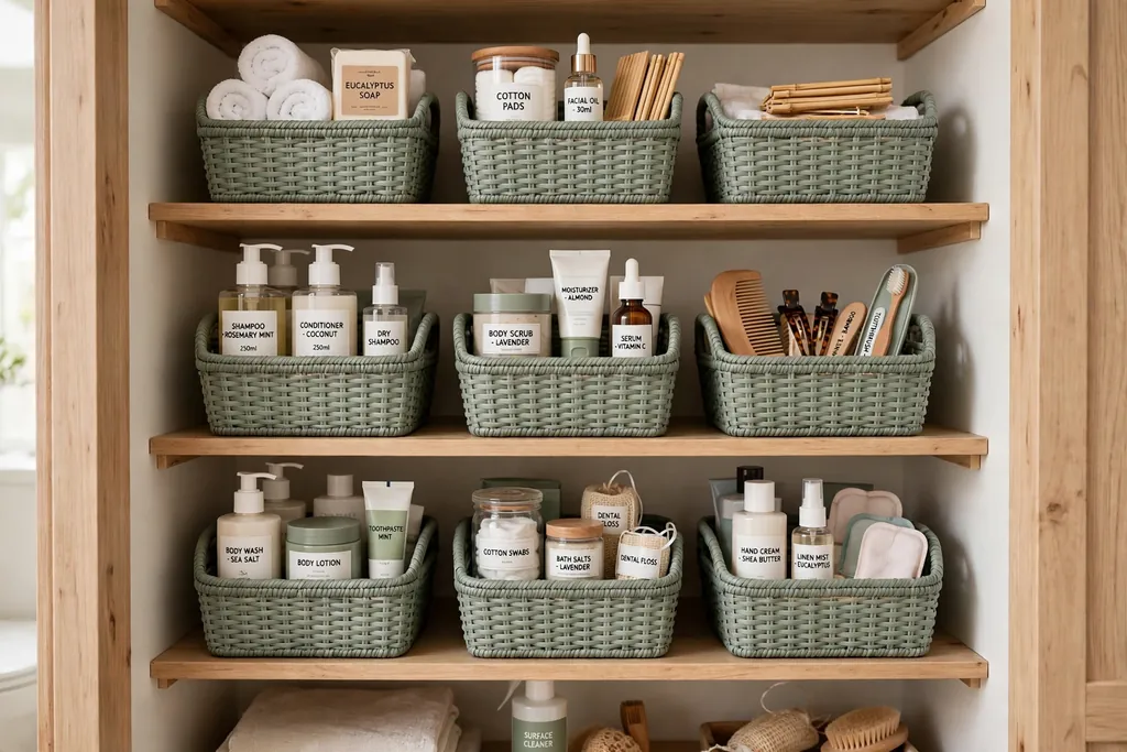 Matching baskets in one accent color on bathroom closet shelves holding toiletries.