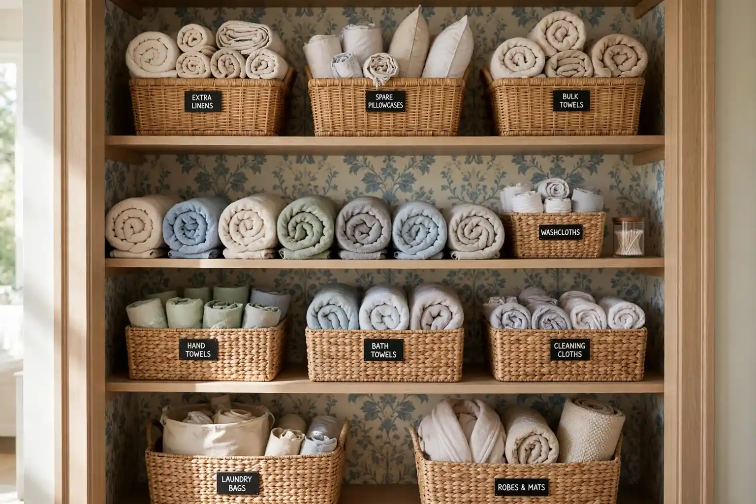Wide bathroom linen closet with rolled towels, labelled bins, baskets, and a patterned back wall in soft daylight.