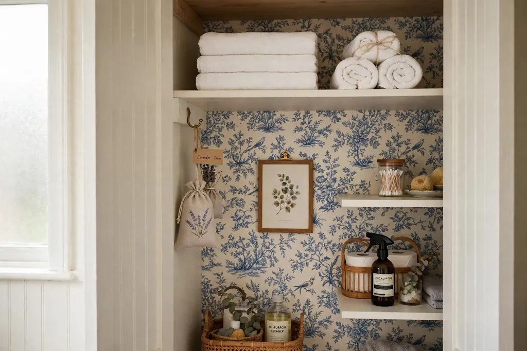 Bathroom closet with a patterned paper back wall, a scented sachet, and a small framed print.