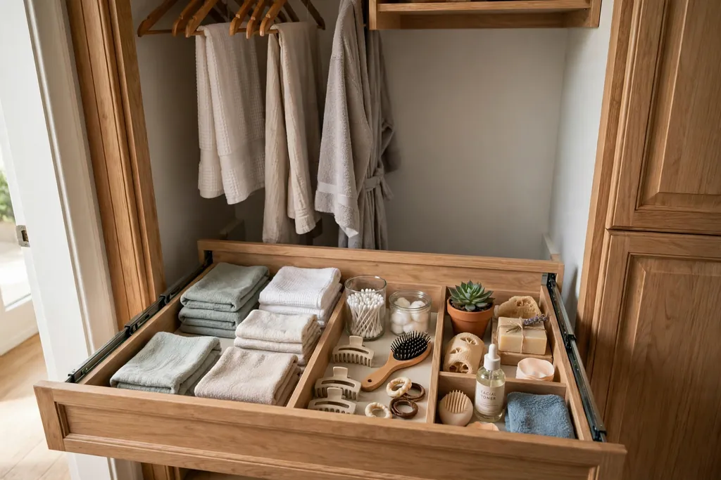 Pull-out drawer unit at the base of a bathroom closet holding folded washcloths and accessories.