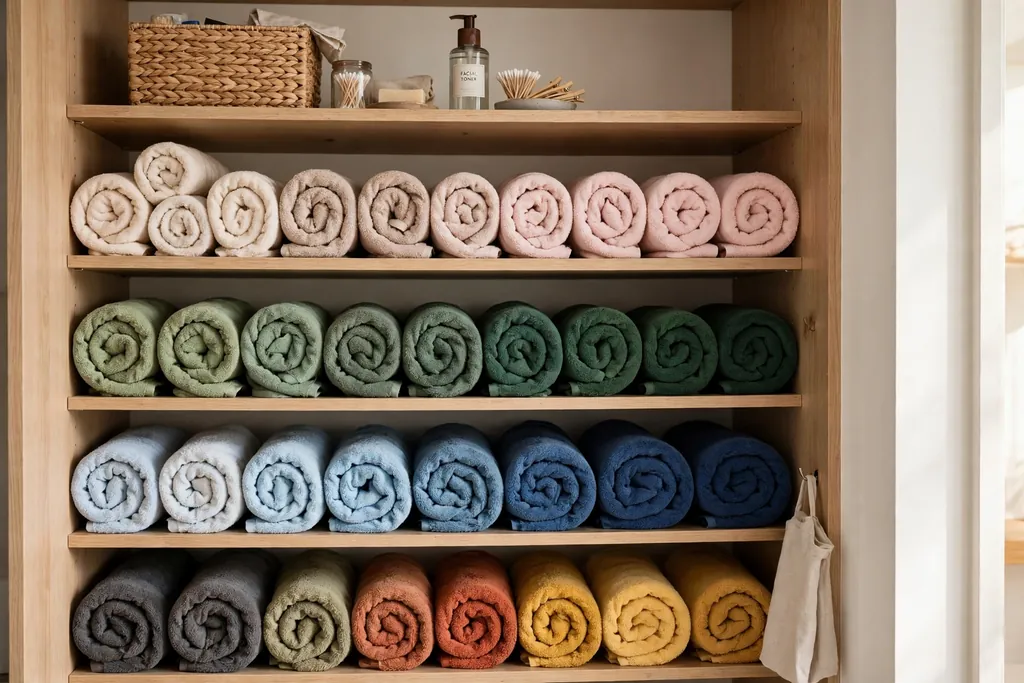 Bathroom closet shelf with towels rolled by color in neat rows.