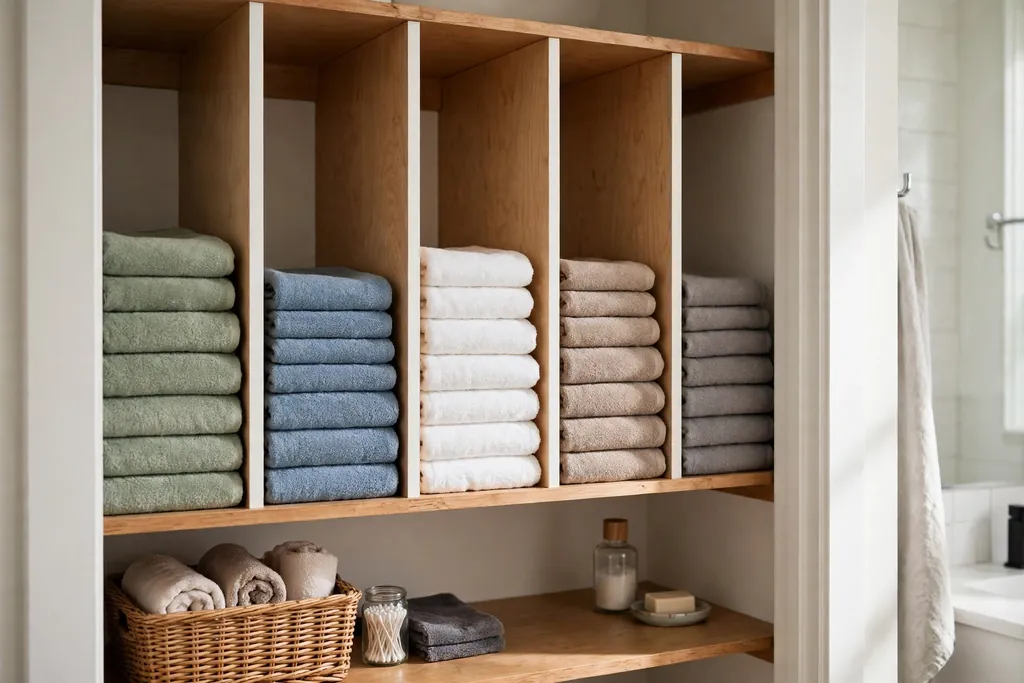 Bathroom closet shelf with dividers keeping folded towel stacks upright and separate.