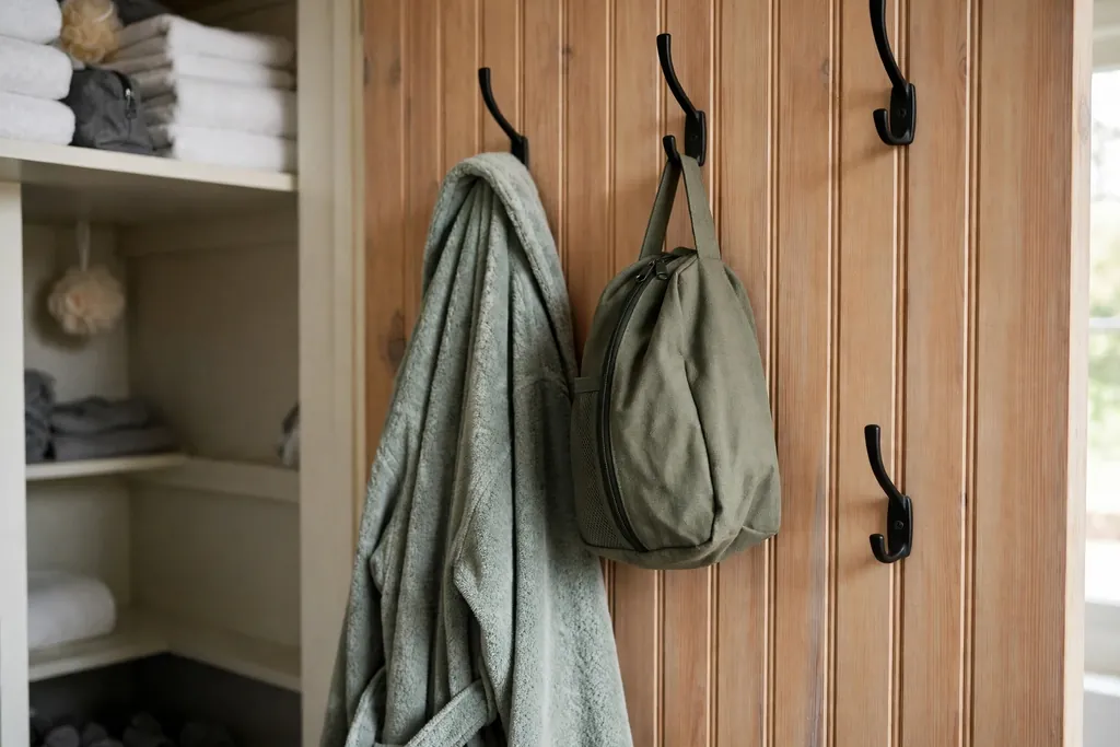 Side wall of a bathroom closet with hooks holding a robe and a wash bag.