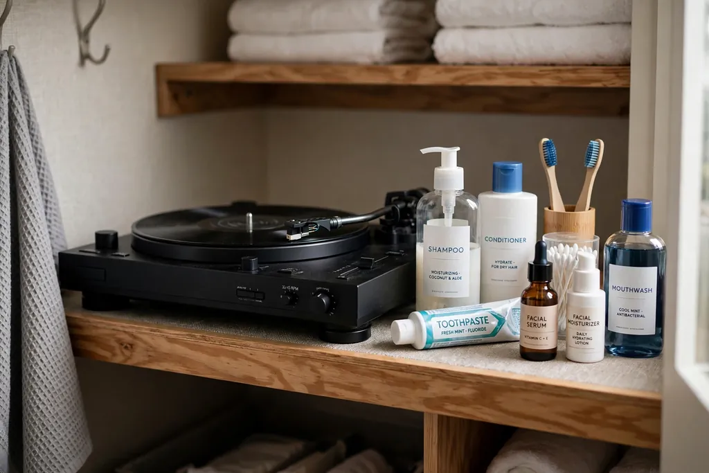 Turntable on a bathroom closet shelf holding daily toiletry bottles.