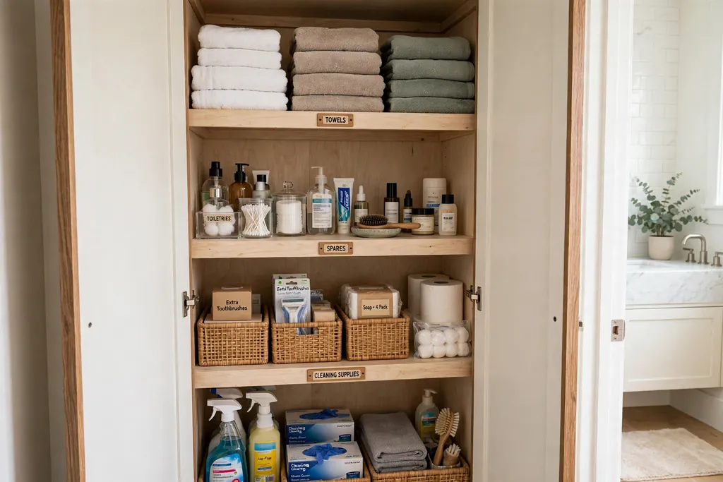 Bathroom closet shelves divided into zones for towels, toiletries, spares, and cleaning supplies.