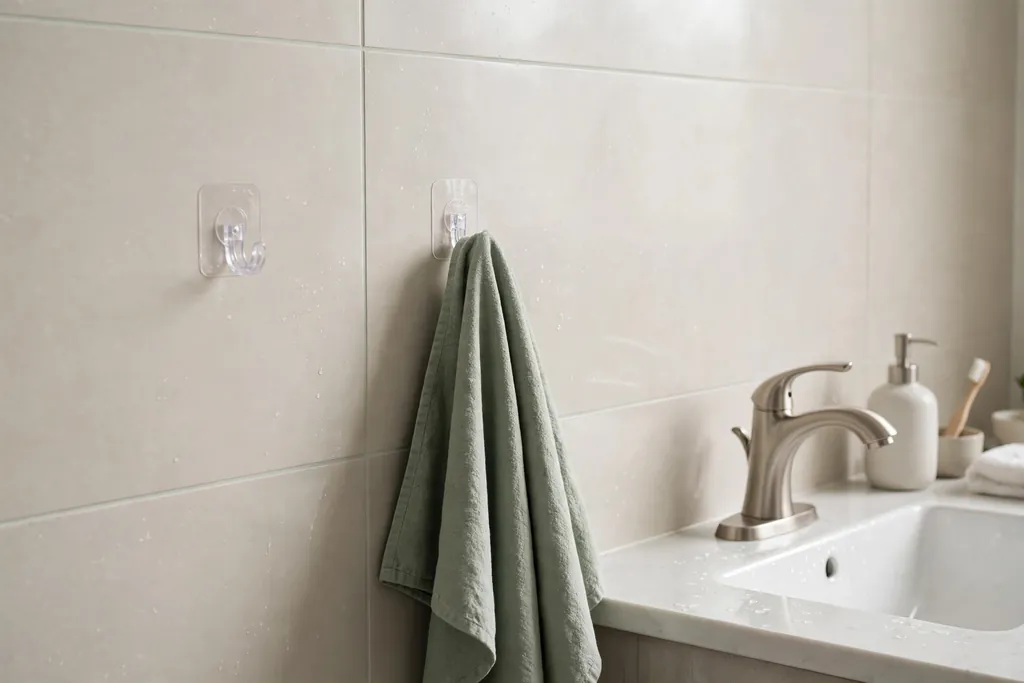 Adhesive hooks on smooth bathroom tile holding a hand towel beside a sink.