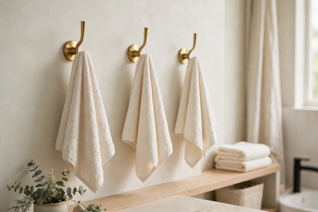 Brushed brass towel hooks on a pale bathroom wall holding cream towels.