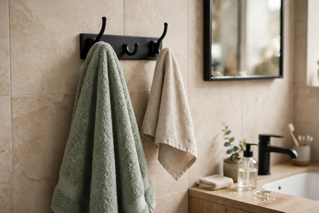 Double wall hook holding a bath towel and a smaller hand towel in a bathroom.
