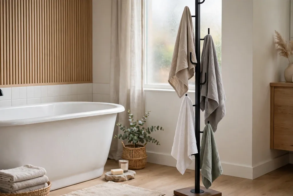 Freestanding towel hook stand beside a bathtub holding towels at different heights.