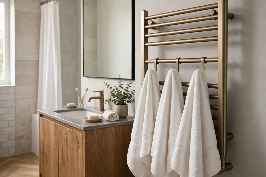 Heated towel rail with hooks holding warm white towels in a bathroom.