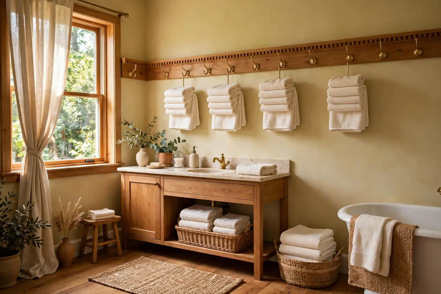 Warm bathroom with a wood peg rail, brass towel hooks, folded towels, and soft daylight.