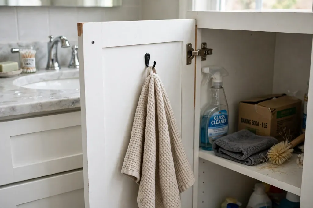 Small hook inside an open vanity cabinet door holding a hand towel.