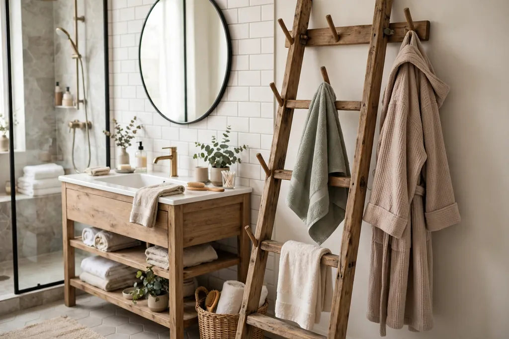 Wooden leaning ladder with hooks holding towels and a robe in a bathroom.
