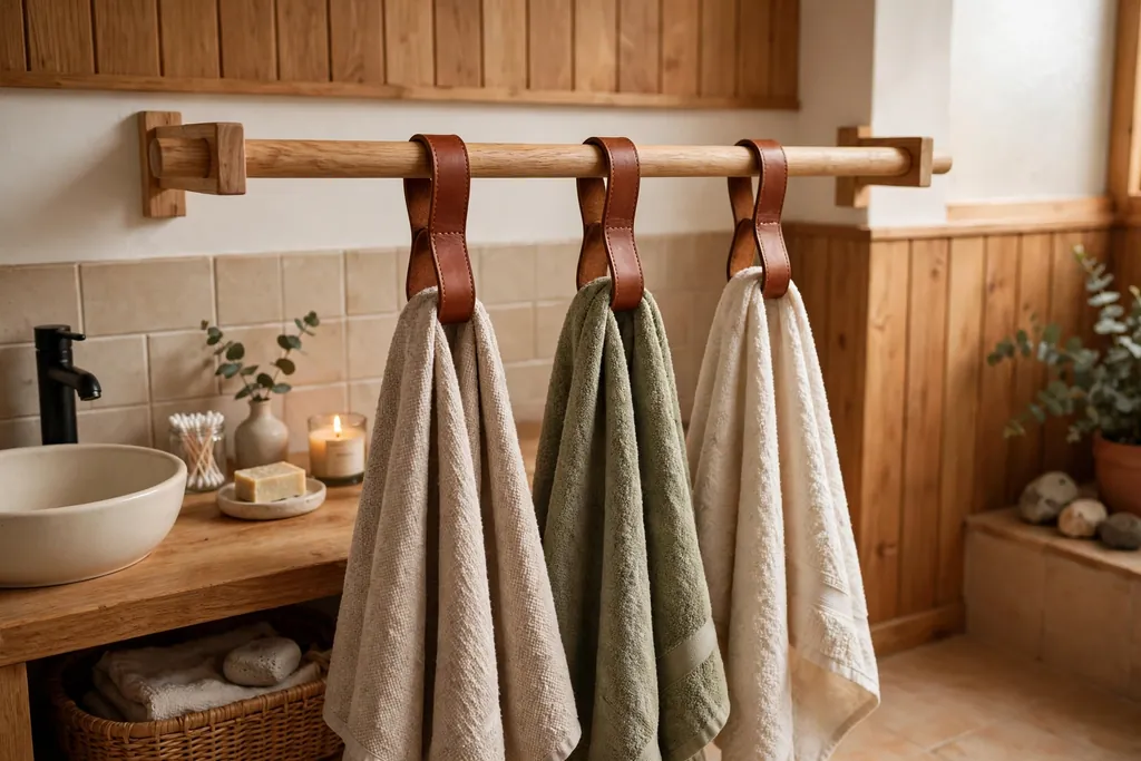 Leather loop towel hooks on a wooden dowel holding towels in a warm bathroom.