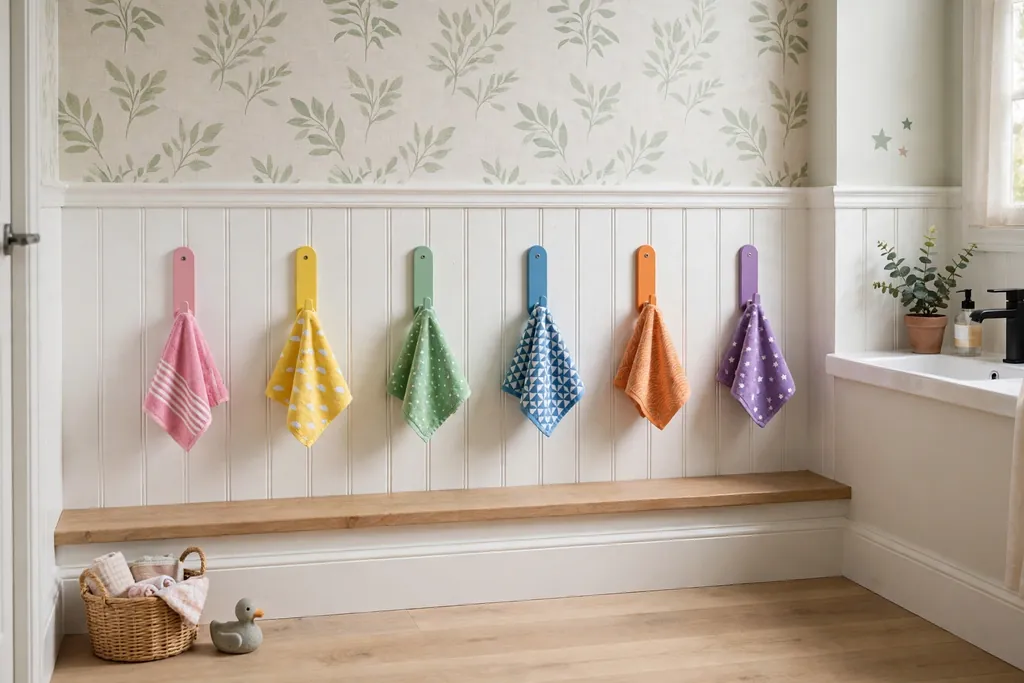 Low row of colorful towel hooks at child height holding small towels in a bathroom.