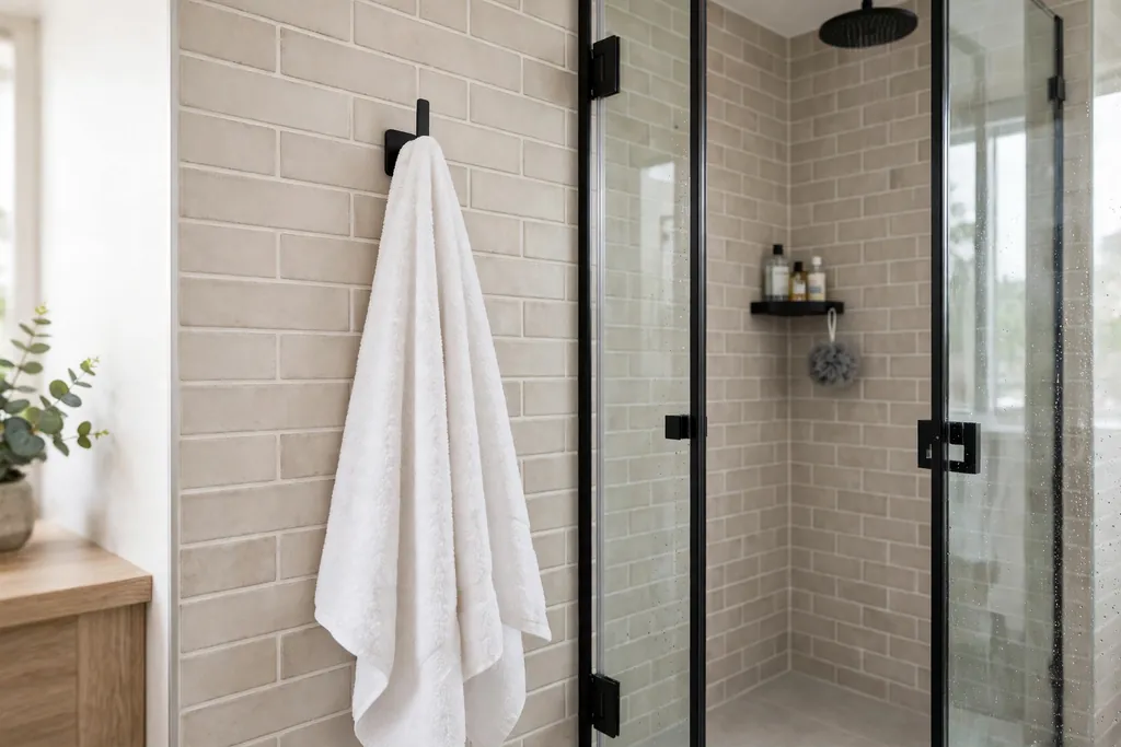 Towel hook on the wall just outside a shower door holding a white bath towel.
