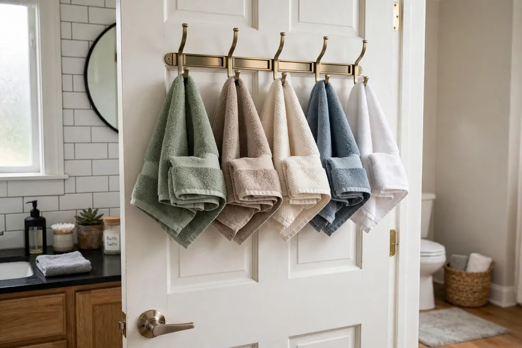 Over-door hook rack on a bathroom door holding several folded towels.