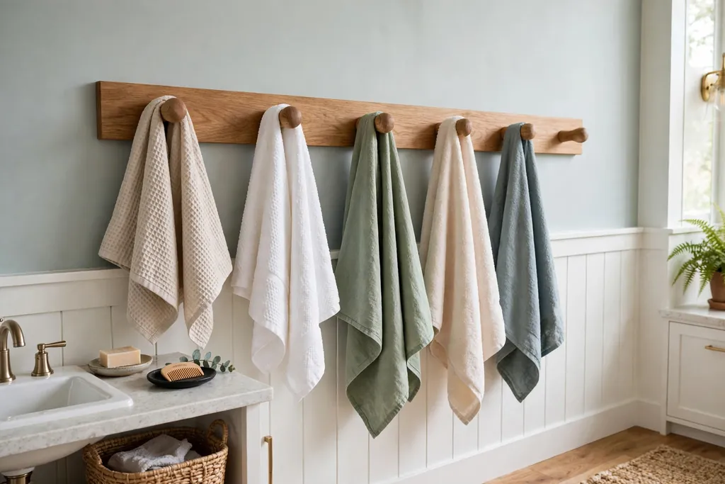 Shaker peg rail with rounded wooden pegs holding towels along a bathroom wall.