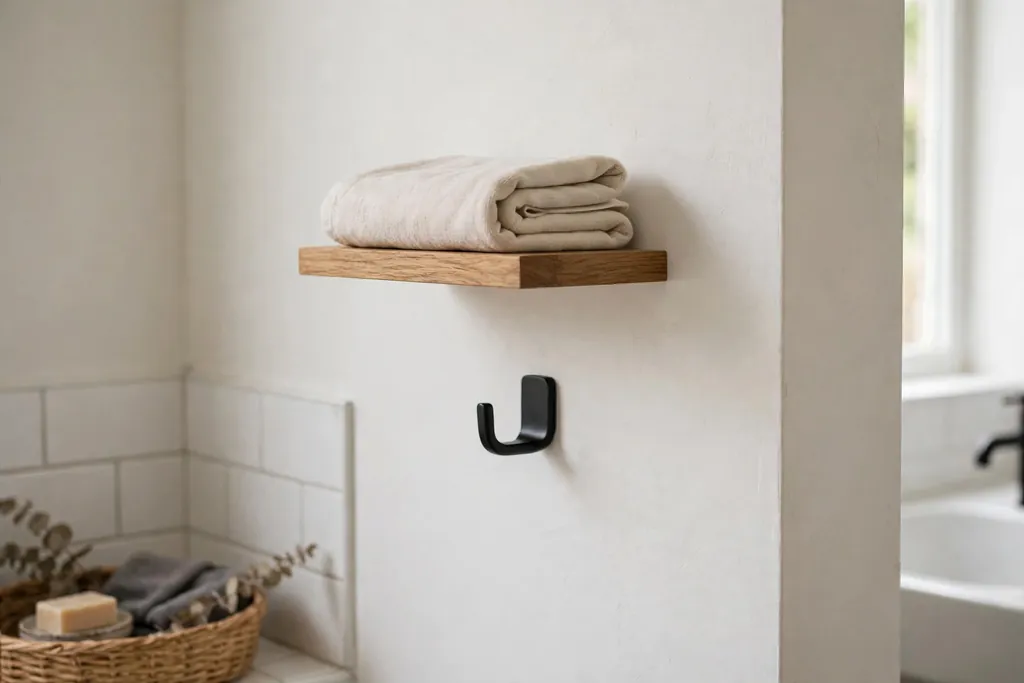 Towel hook with a small wood shelf above it holding a folded towel in a bathroom.