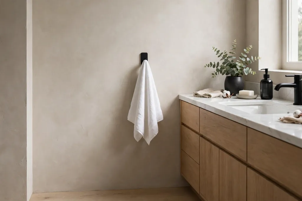 Single matte black towel hook beside a bathroom vanity holding a white hand towel.