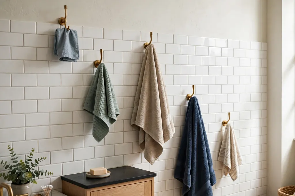 Towel hooks at staggered heights on a bathroom wall holding towels of different sizes.