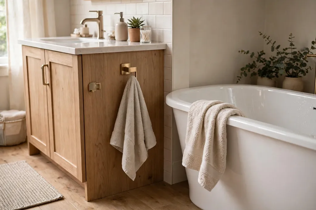 Towel hook mounted on the side panel of a bathroom vanity beside a bathtub.